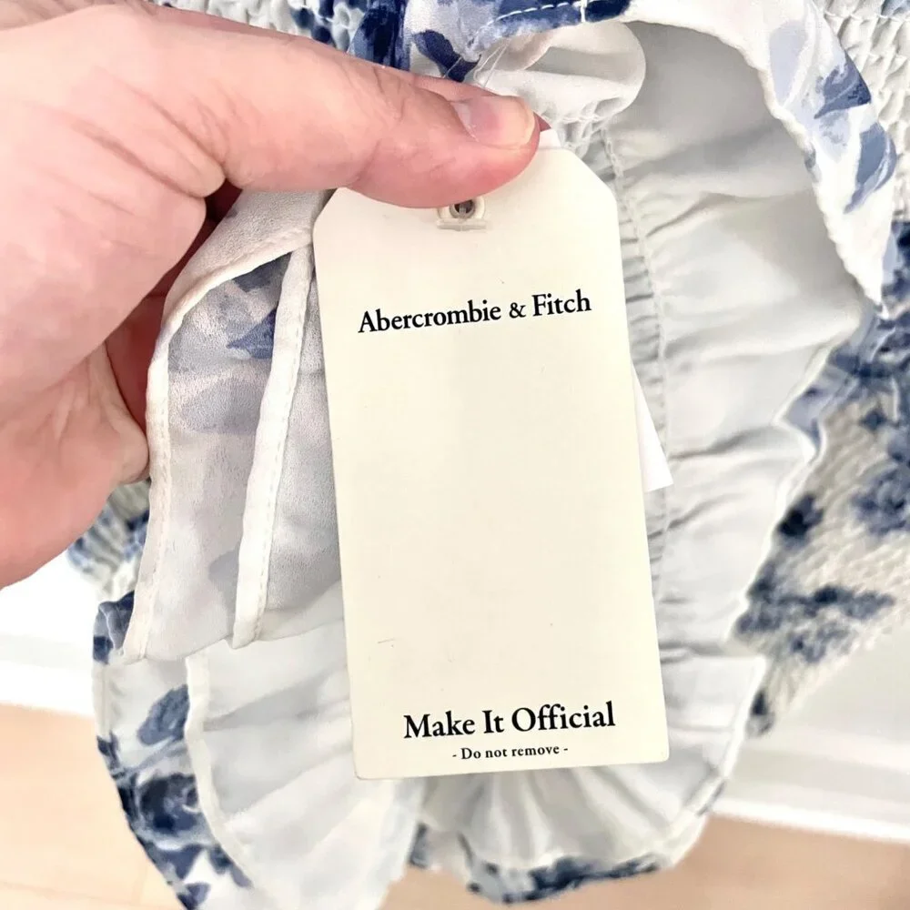 NWT Abercrombie & Fitch Smoked Floral Mini Dress XXLT Ivory Blue